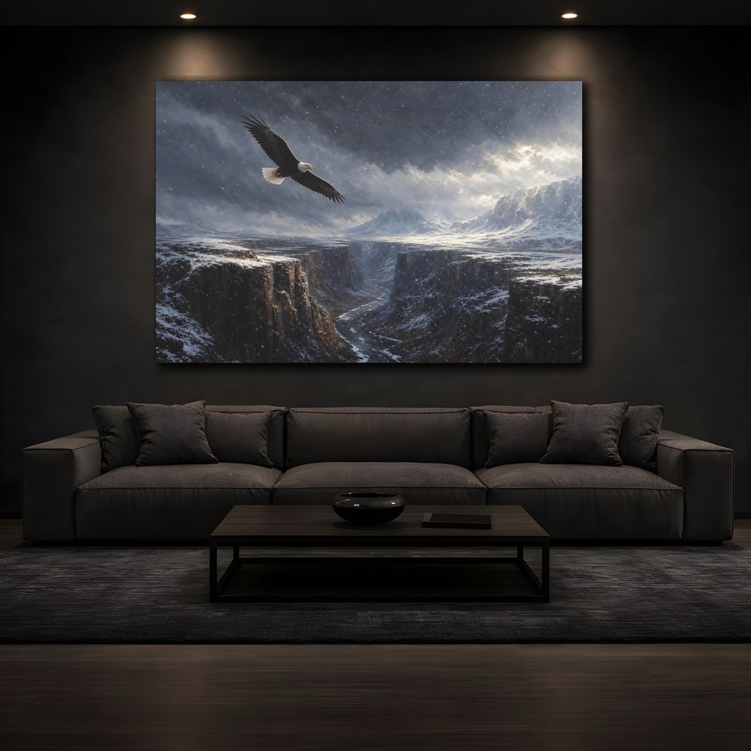 Mockup 3. Nature Eagle Snowy Canyon shown as stretched canvas wall art