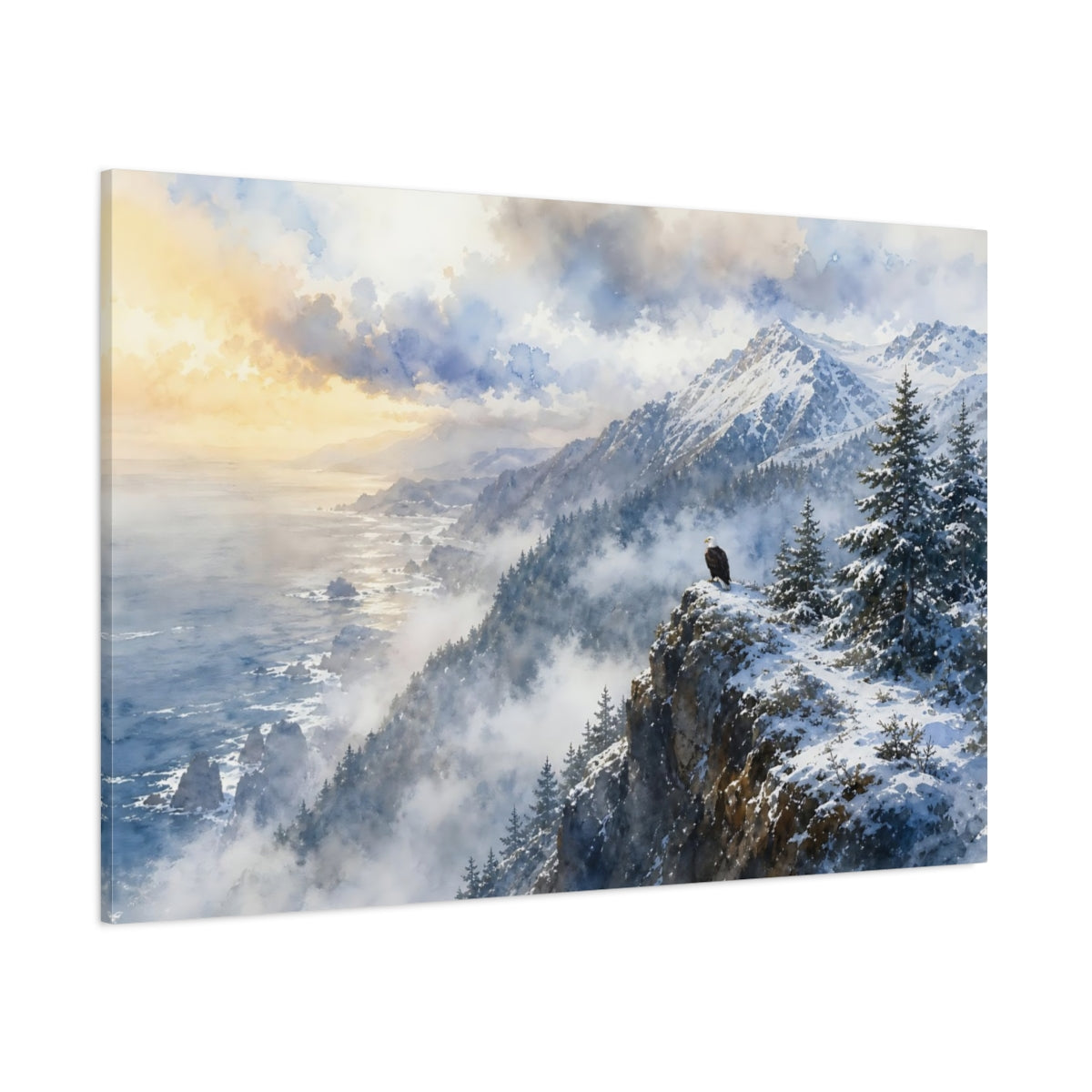 Side Mockup 1. Nature Eagle Winter Landscape Eagle shown as stretched canvas wall art