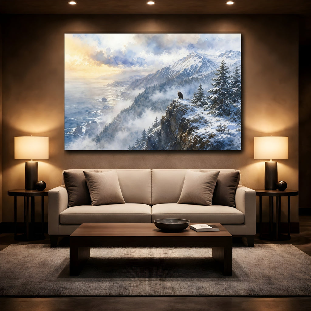 Mockup 2. Nature Eagle Winter Landscape Eagle shown as stretched canvas wall art