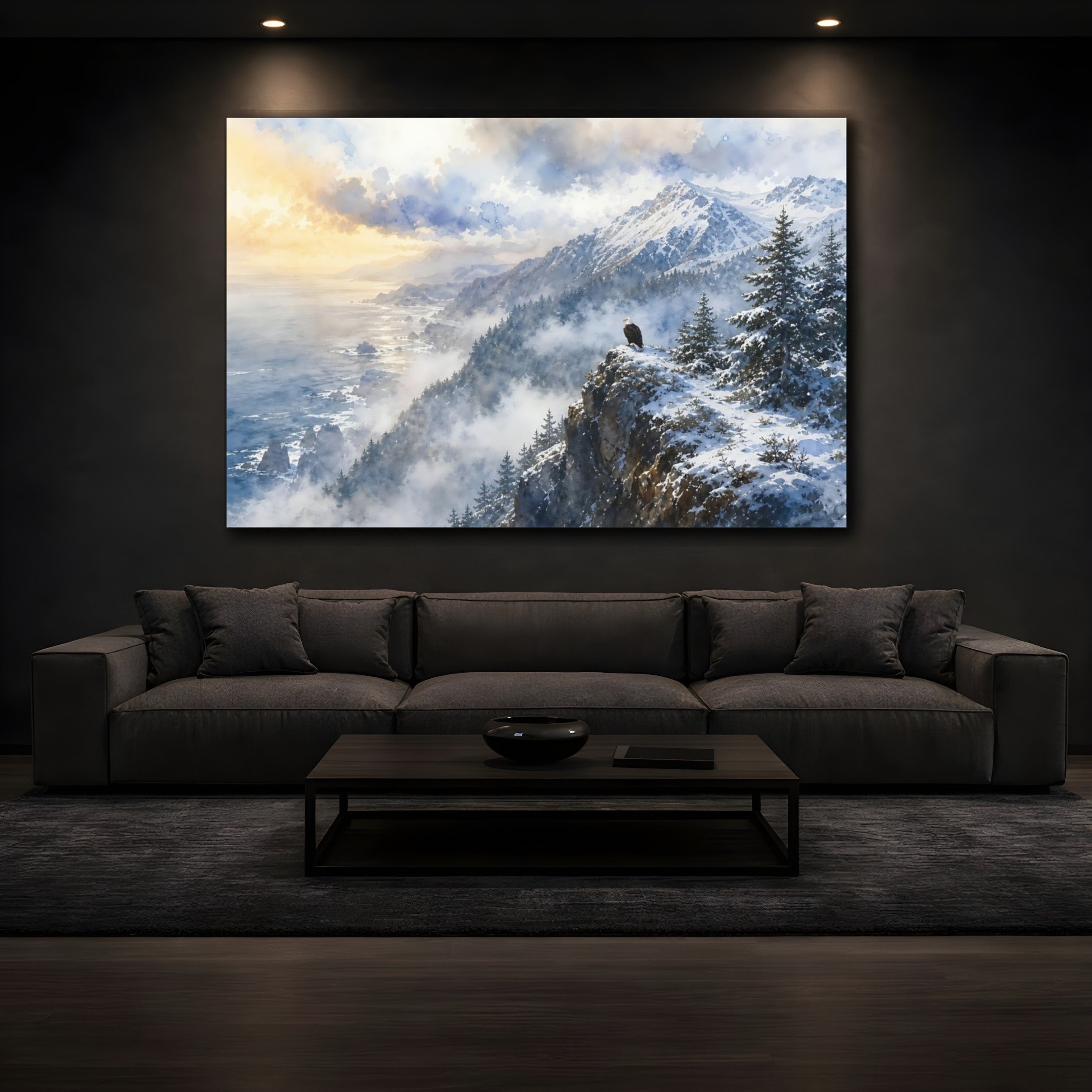 Mockup 3. Nature Eagle Winter Landscape Eagle shown as stretched canvas wall art