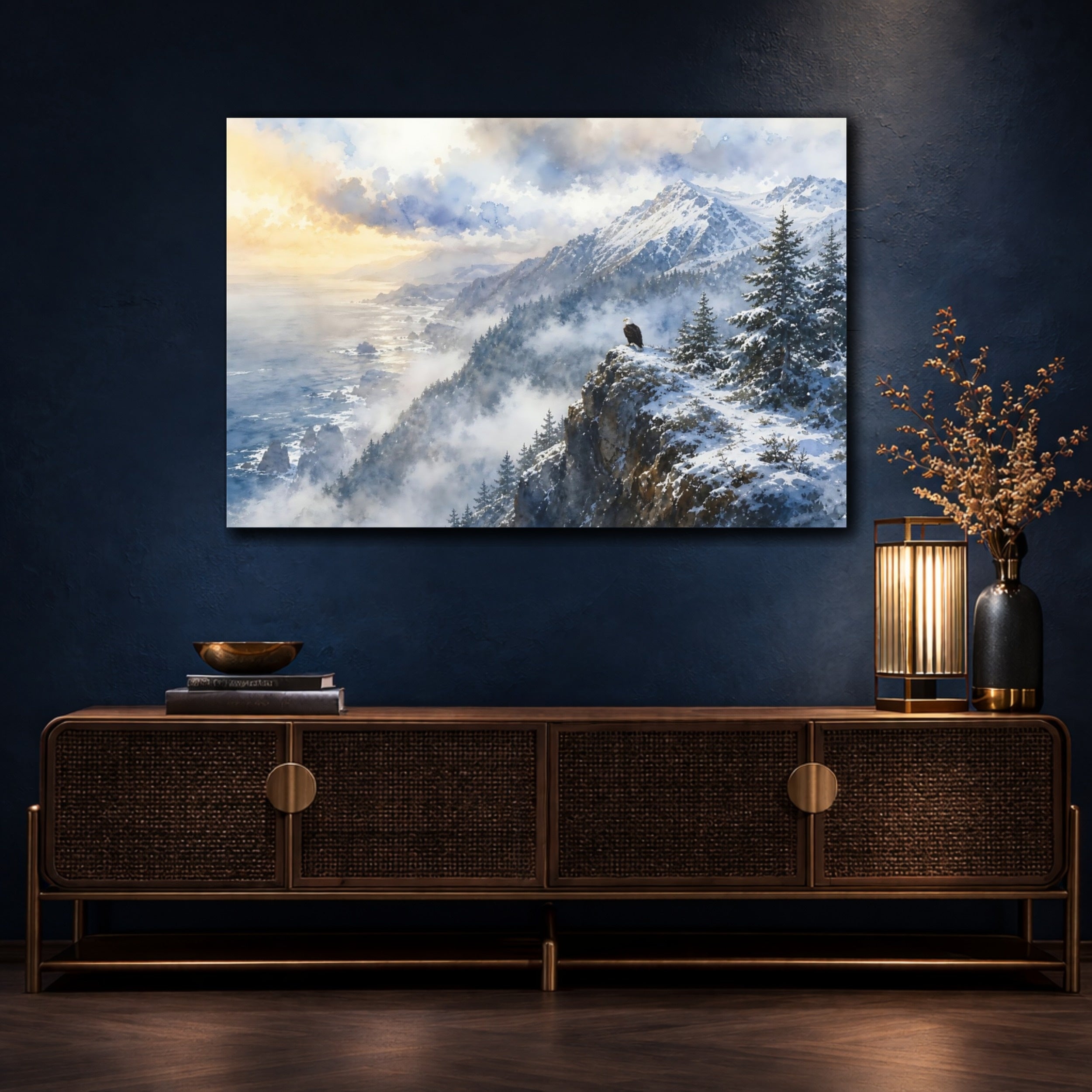 Mockup 4. Nature Eagle Winter Landscape Eagle shown as stretched canvas wall art
