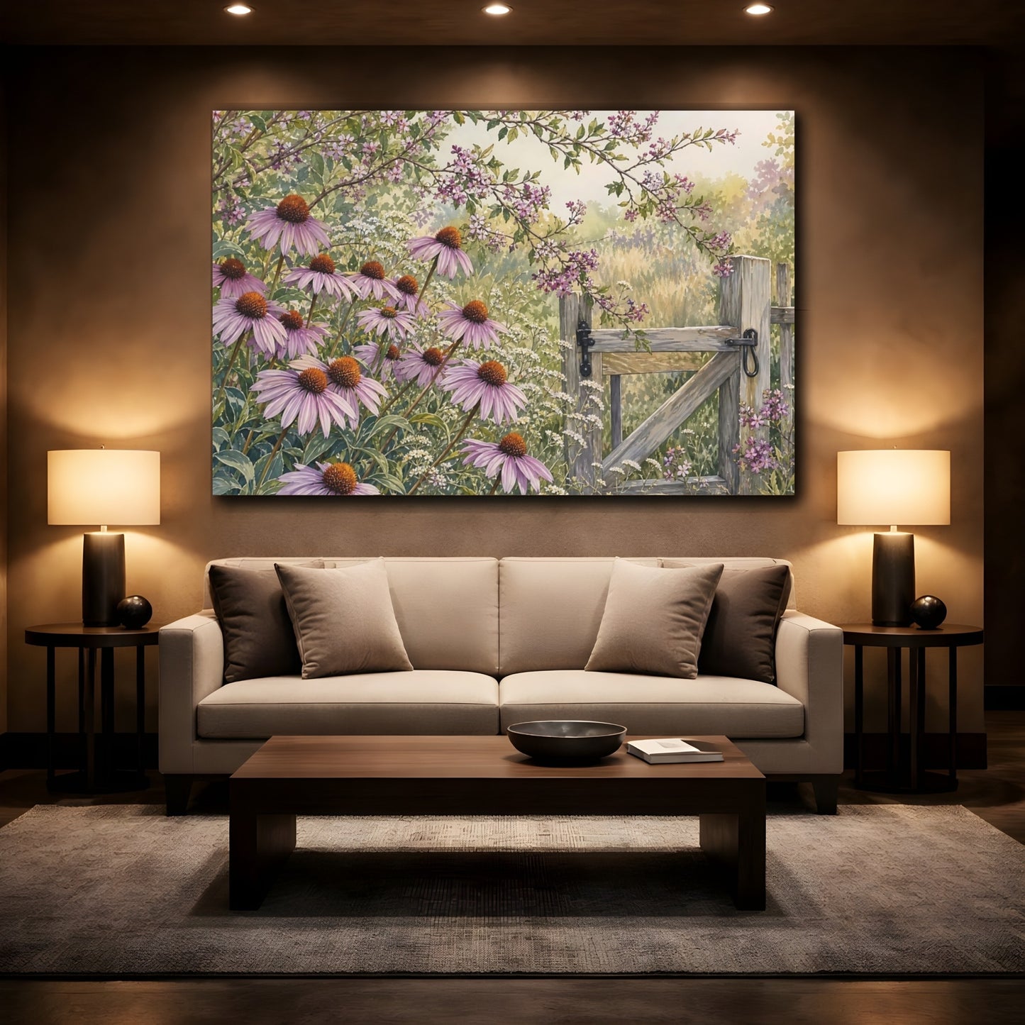Mockup 2. Nature Echinacea Flowers Purple Flowers Gate shown as stretched canvas wall art
