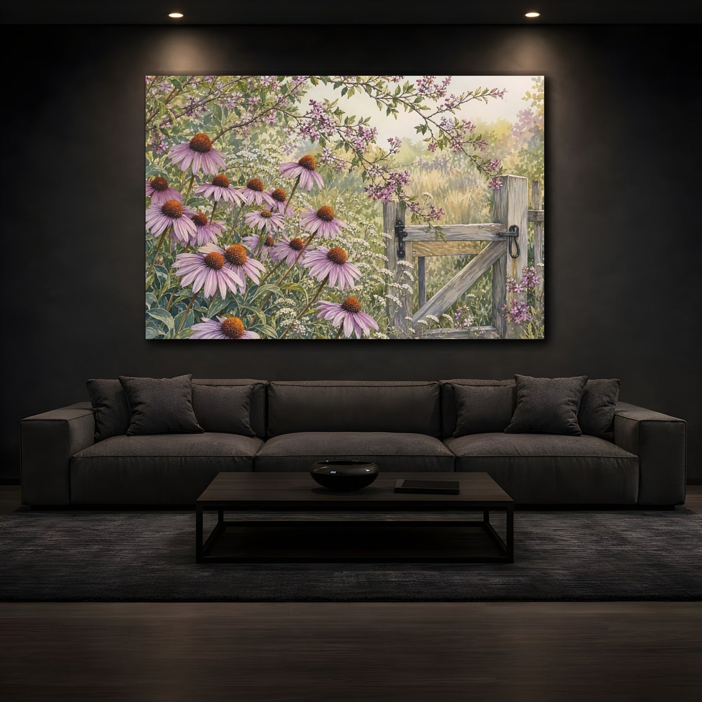Mockup 3. Nature Echinacea Flowers Purple Flowers Gate shown as stretched canvas wall art