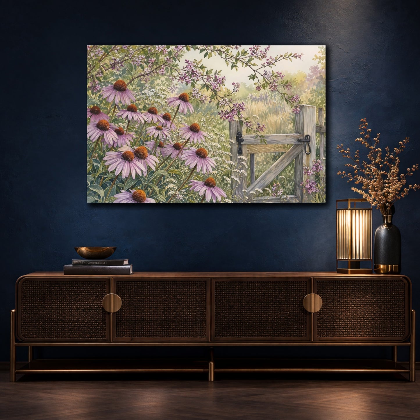 Mockup 4. Nature Echinacea Flowers Purple Flowers Gate shown as stretched canvas wall art