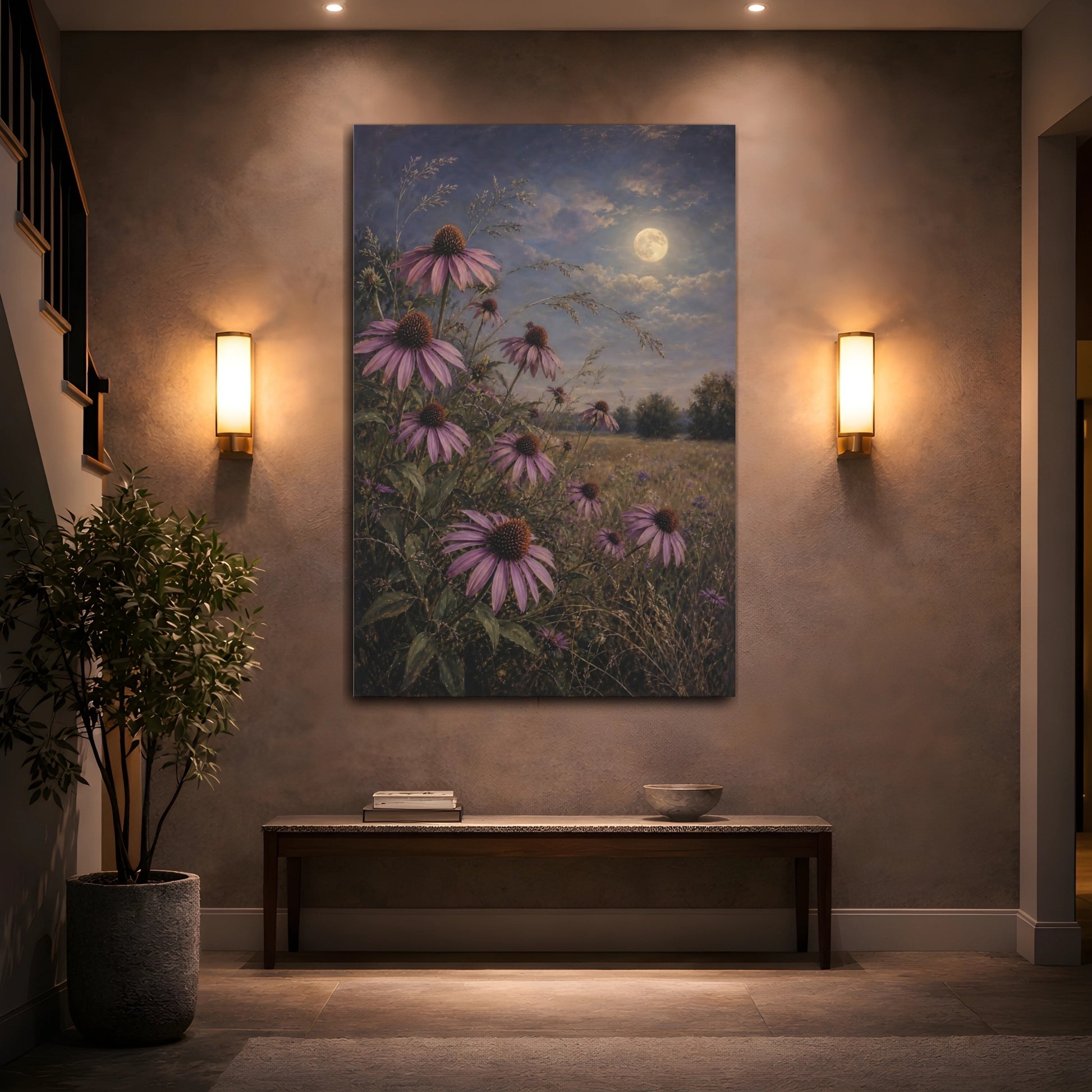 Mockup 2. Nature Echinacea Flowers Purple Flowers Moonlight shown as stretched canvas wall art