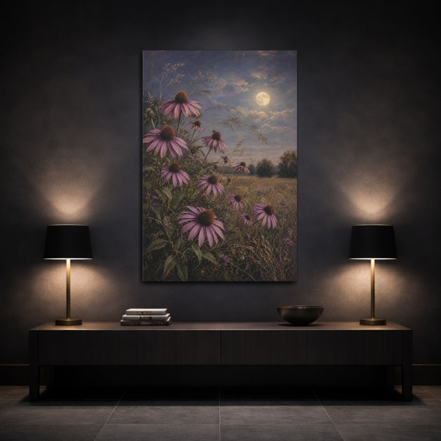 Mockup 3. Nature Echinacea Flowers Purple Flowers Moonlight shown as stretched canvas wall art