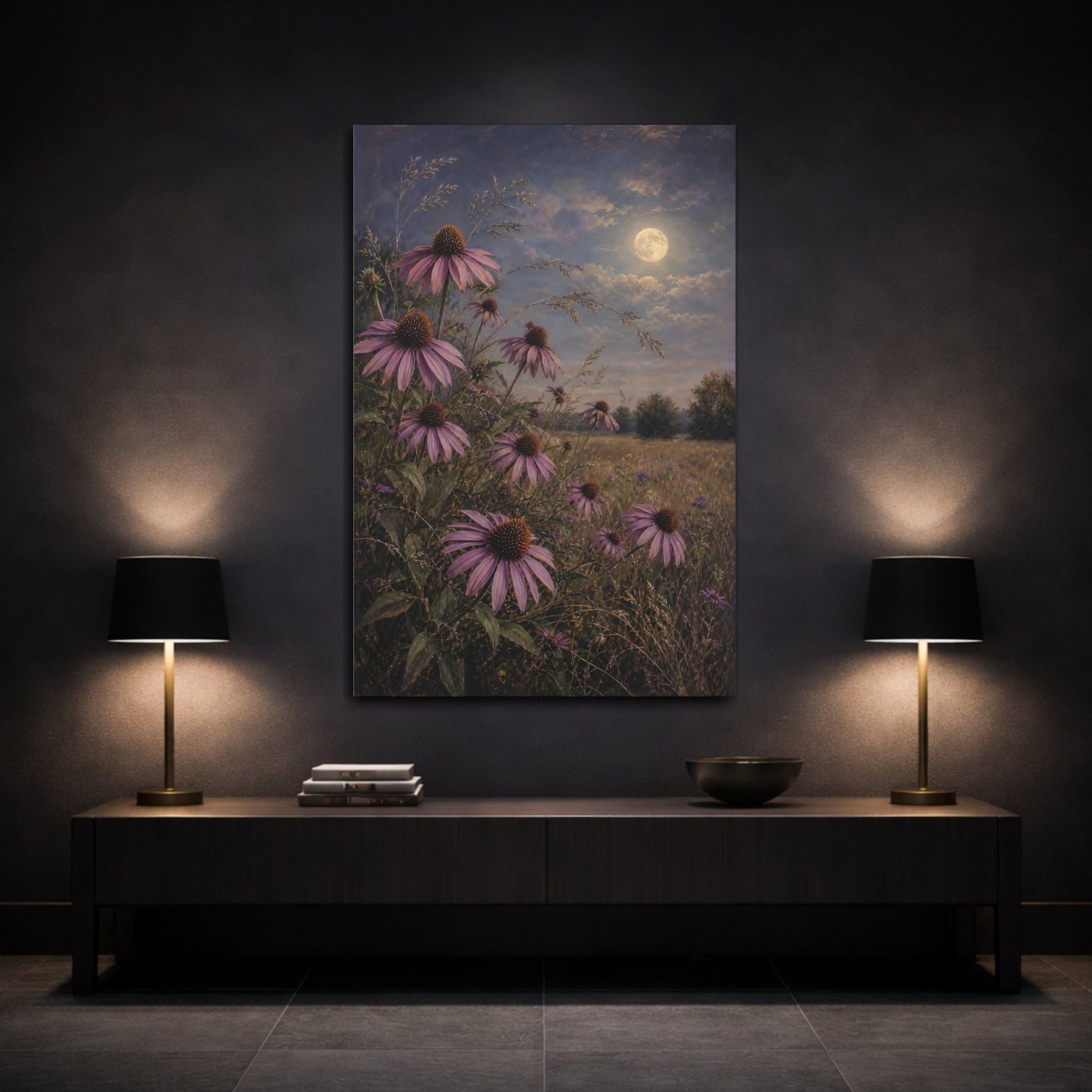 Mockup 3. Nature Echinacea Flowers Purple Flowers Moonlight shown as stretched canvas wall art
