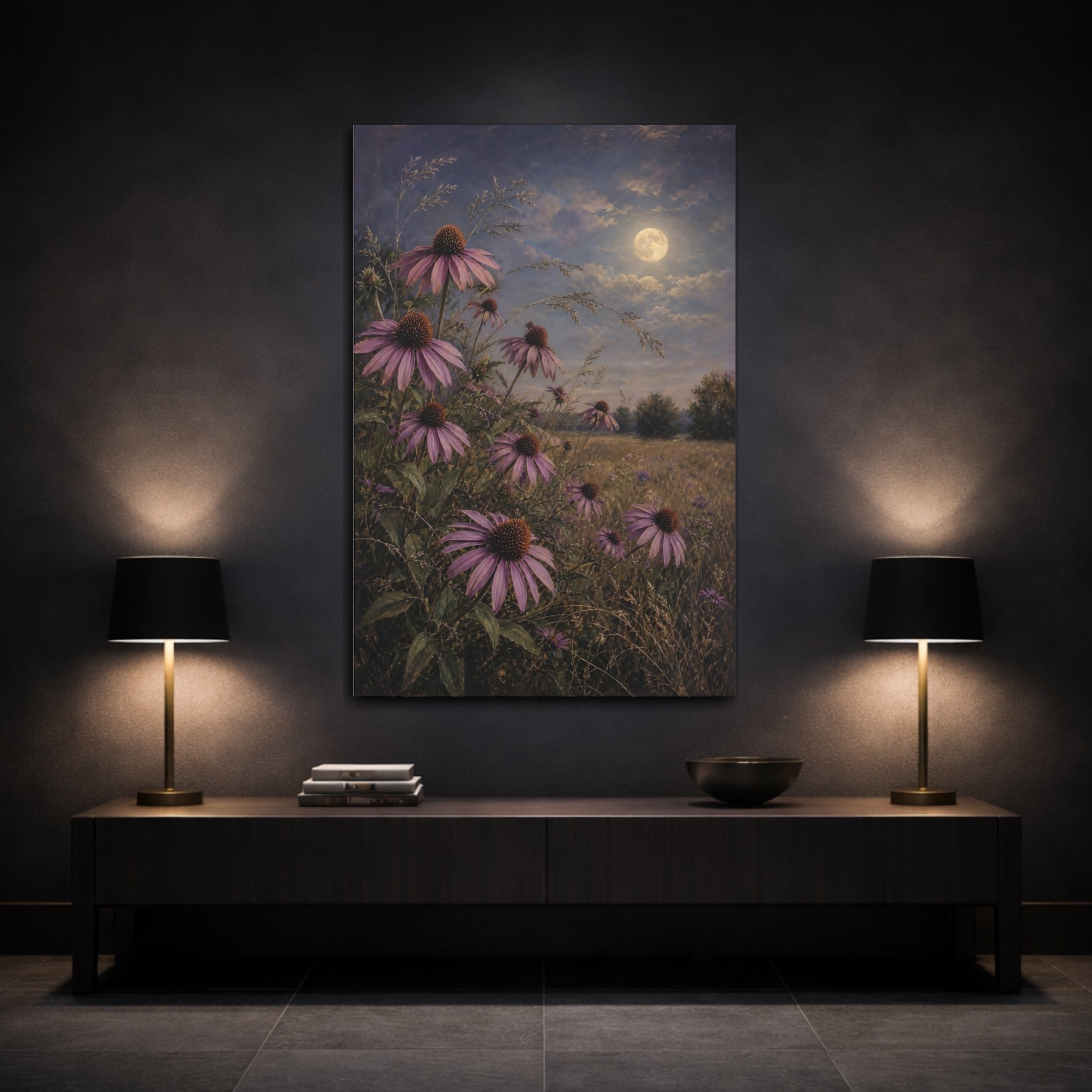 Mockup 3. Nature Echinacea Flowers Purple Flowers Moonlight shown as stretched canvas wall art