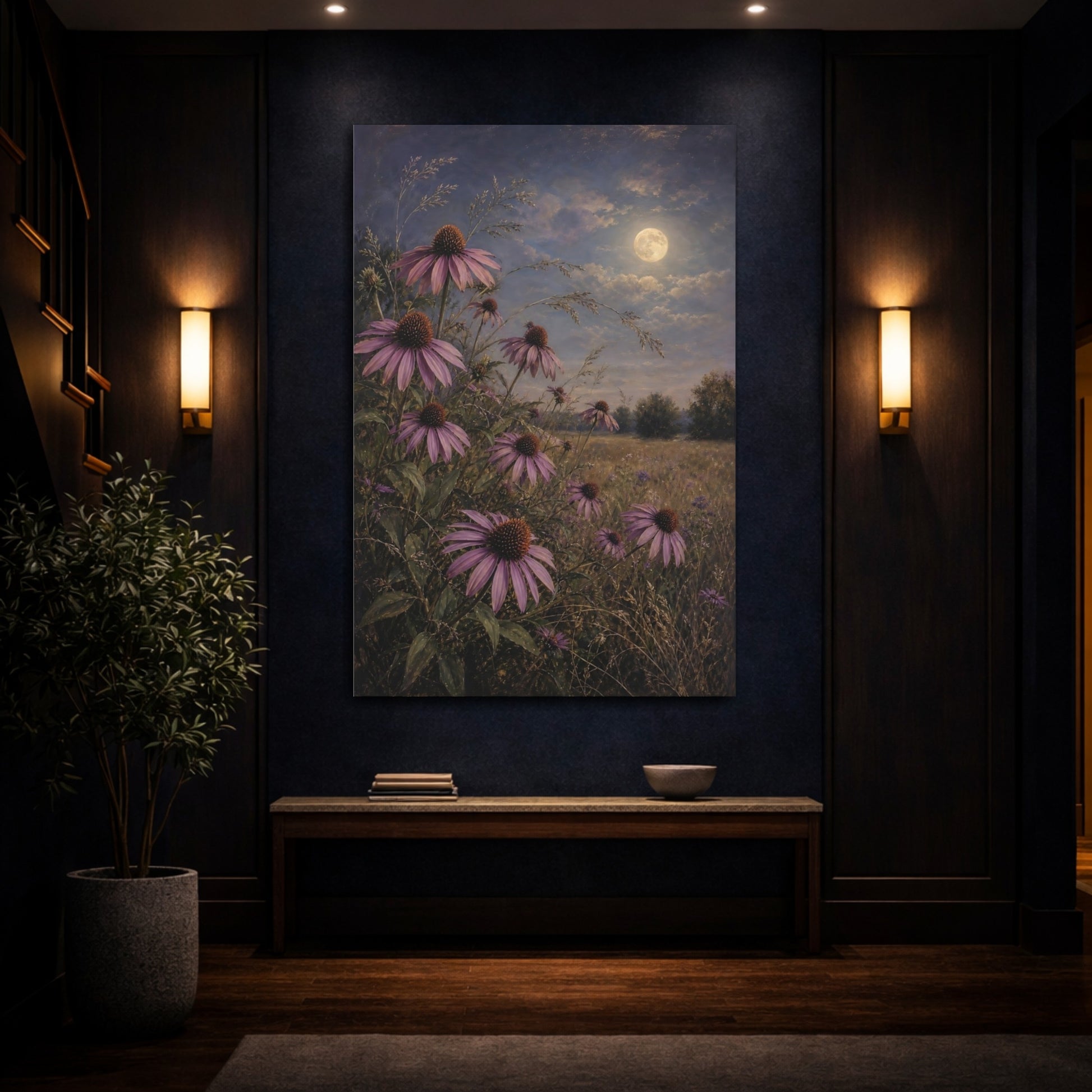 Mockup 4. Nature Echinacea Flowers Purple Flowers Moonlight shown as stretched canvas wall art