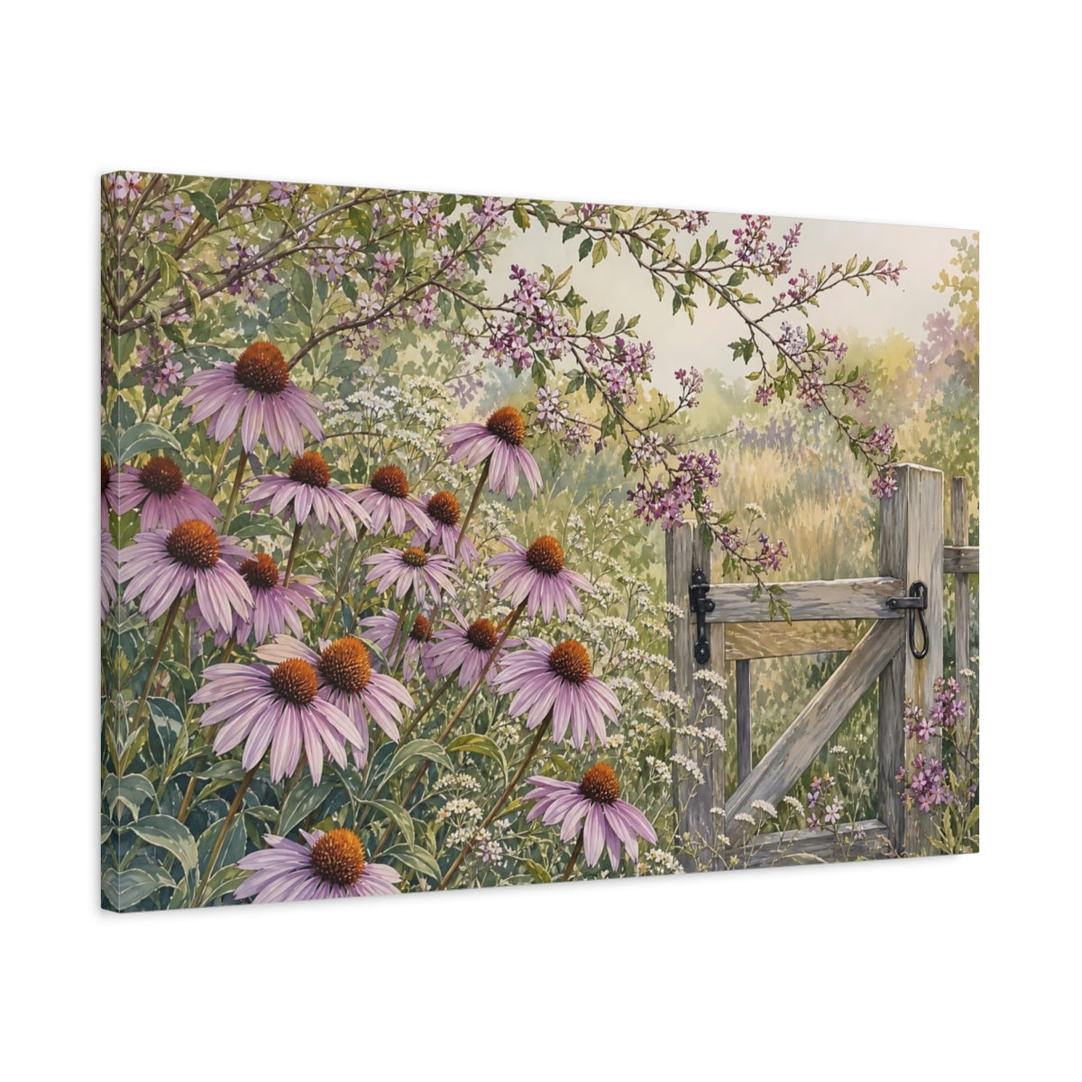 Side Mockup 2. Nature Echinacea Flowers Purple Flowers Gate shown as stretched canvas wall art