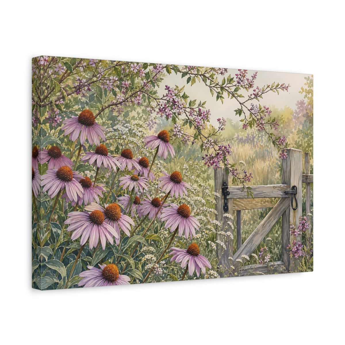 Side Mockup 4. Nature Echinacea Flowers Purple Flowers Gate shown as stretched canvas wall art