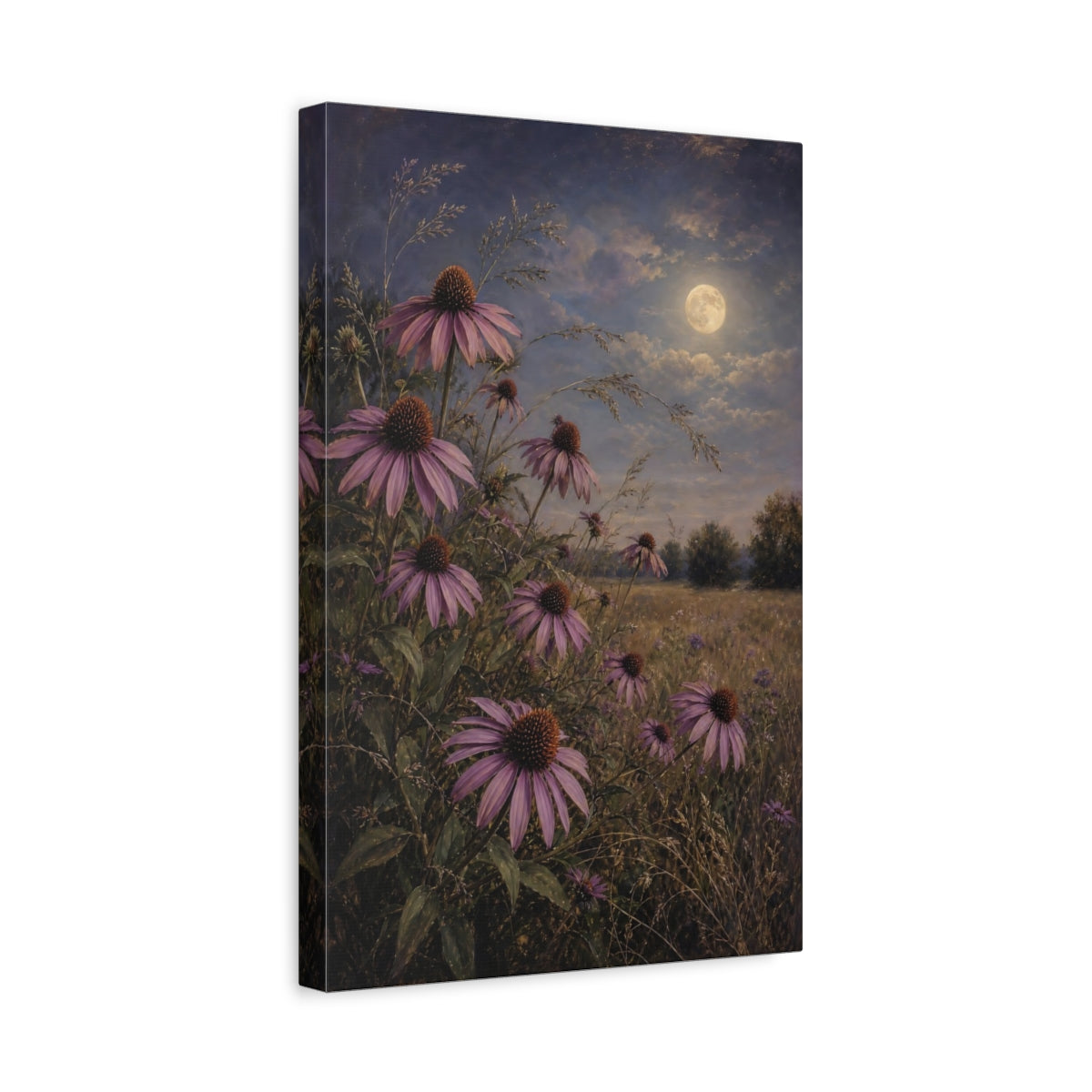 Side Mockup 4. Nature Echinacea Flowers Purple Flowers Moonlight shown as stretched canvas wall art