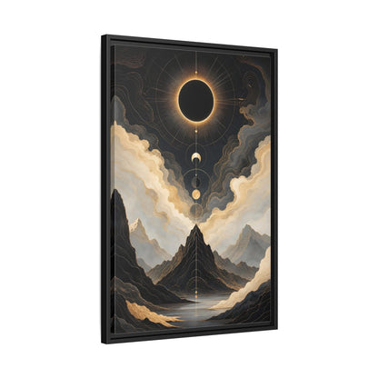 Nature Eclipse Mountains Black Gold Landscape Framed Canvas Wall Art - Abstract Living Room, Above Fireplace shown as canvas wall art