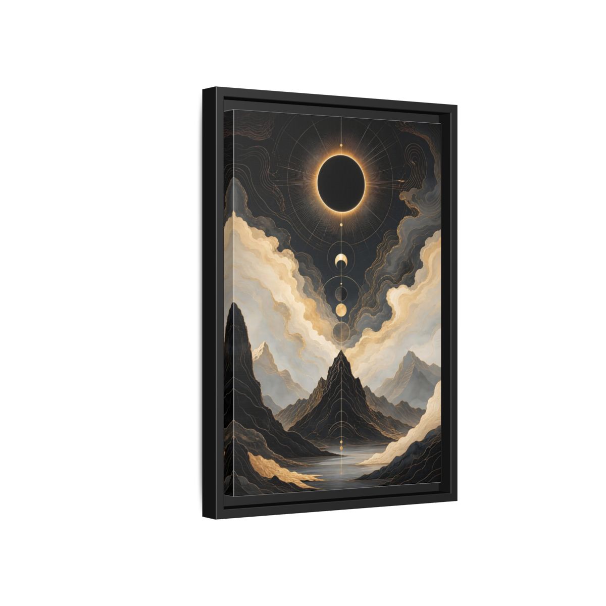 Side Mockup 6. Nature Eclipse Mountains Black Gold Landscape shown as stretched canvas wall art