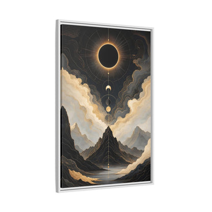 Nature Eclipse Mountains Black Gold Landscape Framed Canvas Wall Art - Abstract Living Room, Above Fireplace shown as canvas wall art