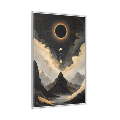 Nature Eclipse Mountains Black Gold Landscape Framed Canvas Wall Art - Abstract Living Room, Above Fireplace shown as canvas wall art