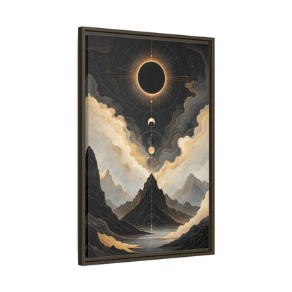 Nature Eclipse Mountains Black Gold Landscape Framed Canvas Wall Art - Abstract Living Room, Above Fireplace shown as canvas wall art