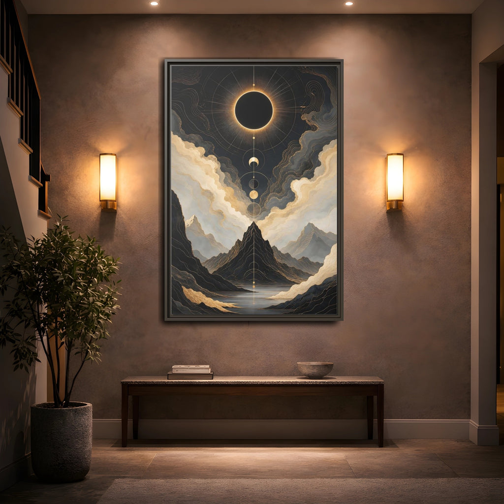 Mockup 2. Nature Eclipse Mountains Black Gold Landscape shown as stretched canvas wall art