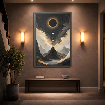 Nature Eclipse Mountains Black Gold Landscape Framed Canvas Wall Art - Abstract Living Room, Above Fireplace shown as canvas wall art