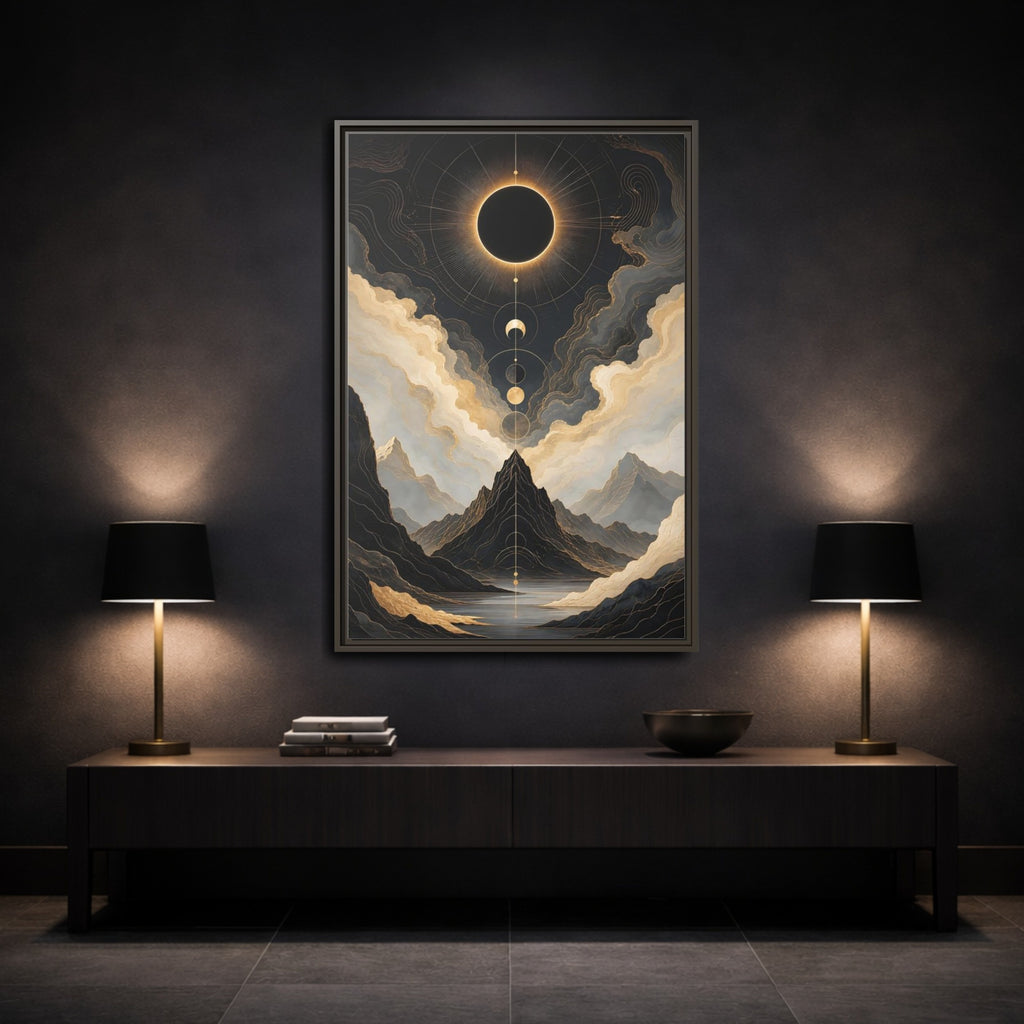 Mockup 3. Nature Eclipse Mountains Black Gold Landscape shown as stretched canvas wall art