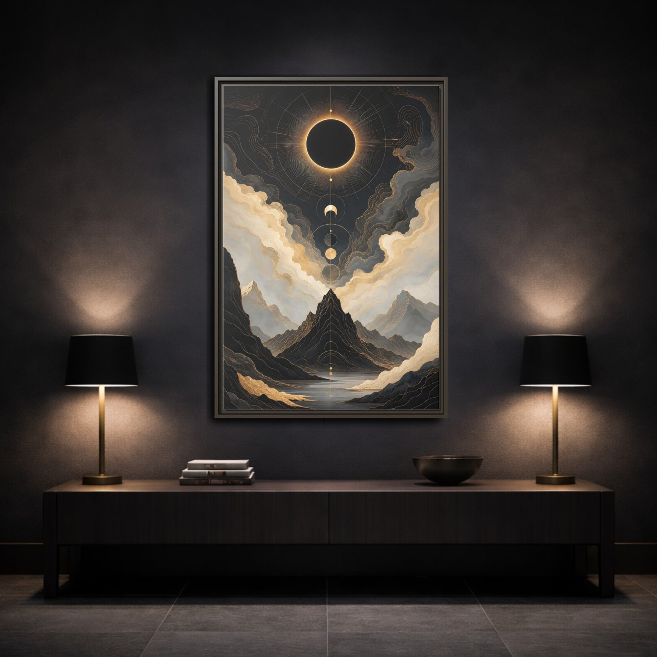 Mockup 3. Nature Eclipse Mountains Black Gold Landscape shown as stretched canvas wall art