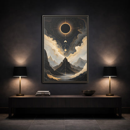 Nature Eclipse Mountains Black Gold Landscape Framed Canvas Wall Art - Abstract Living Room, Above Fireplace shown as canvas wall art