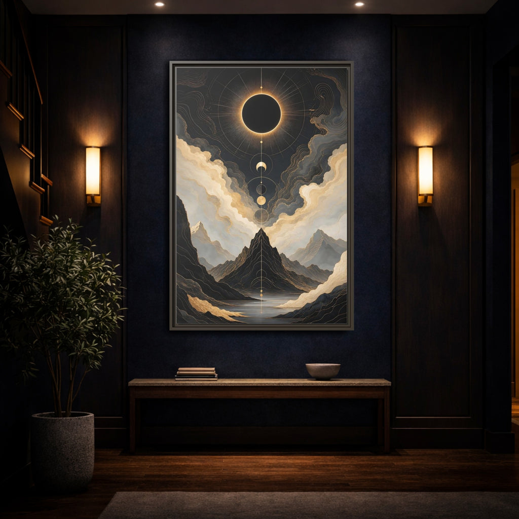 Mockup 4. Nature Eclipse Mountains Black Gold Landscape shown as stretched canvas wall art
