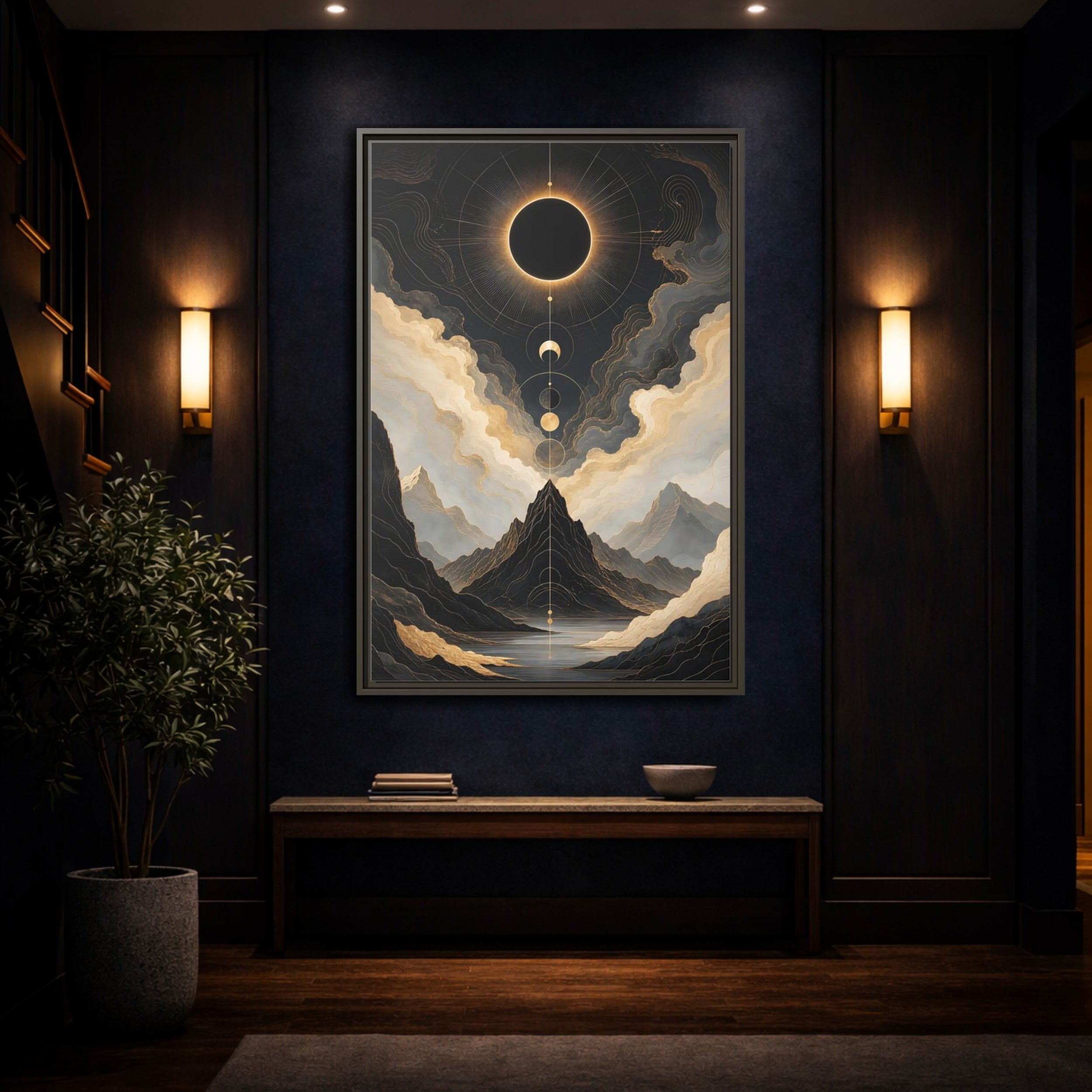 Mockup 4. Nature Eclipse Mountains Black Gold Landscape shown as stretched canvas wall art