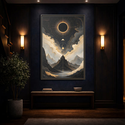 Nature Eclipse Mountains Black Gold Landscape Framed Canvas Wall Art - Abstract Living Room, Above Fireplace shown as canvas wall art