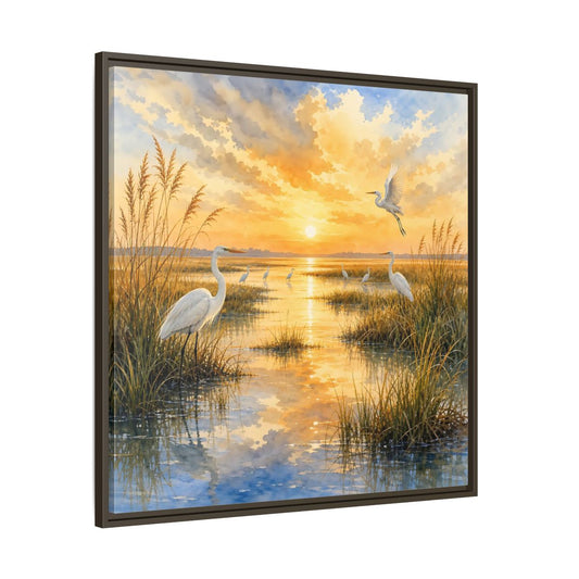 Main Mockup. Nature Egrets Golden Sunset Marsh shown as stretched canvas wall art