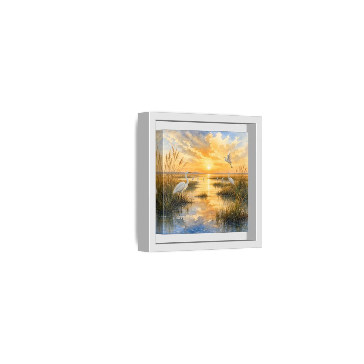 Side Mockup 22. Nature Egrets Golden Sunset Marsh shown as stretched canvas wall art