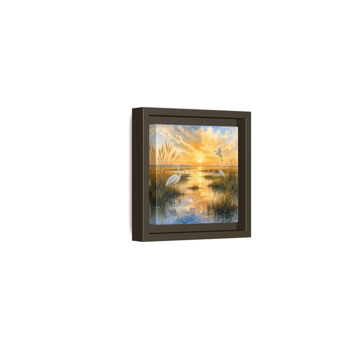 Side Mockup 23. Nature Egrets Golden Sunset Marsh shown as stretched canvas wall art