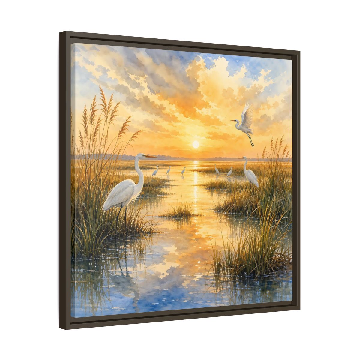 Side Mockup 27. Nature Egrets Golden Sunset Marsh shown as stretched canvas wall art