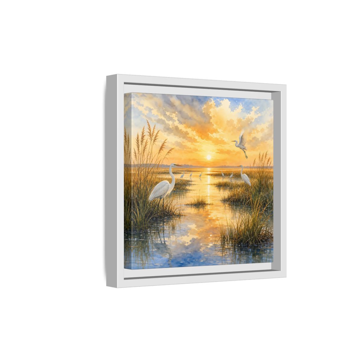 Side Mockup 19. Nature Egrets Golden Sunset Marsh shown as stretched canvas wall art