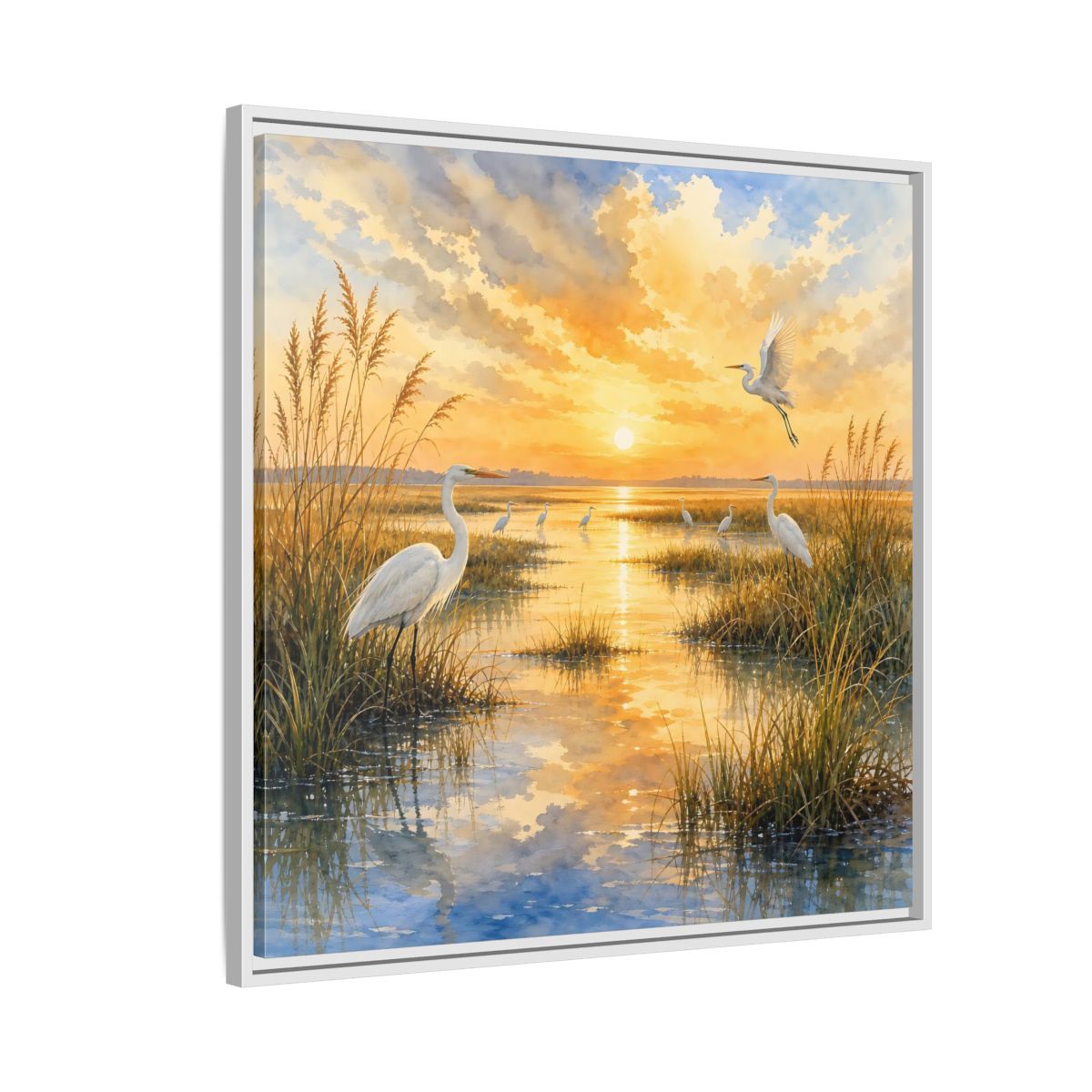 Side Mockup 7. Nature Egrets Golden Sunset Marsh shown as stretched canvas wall art