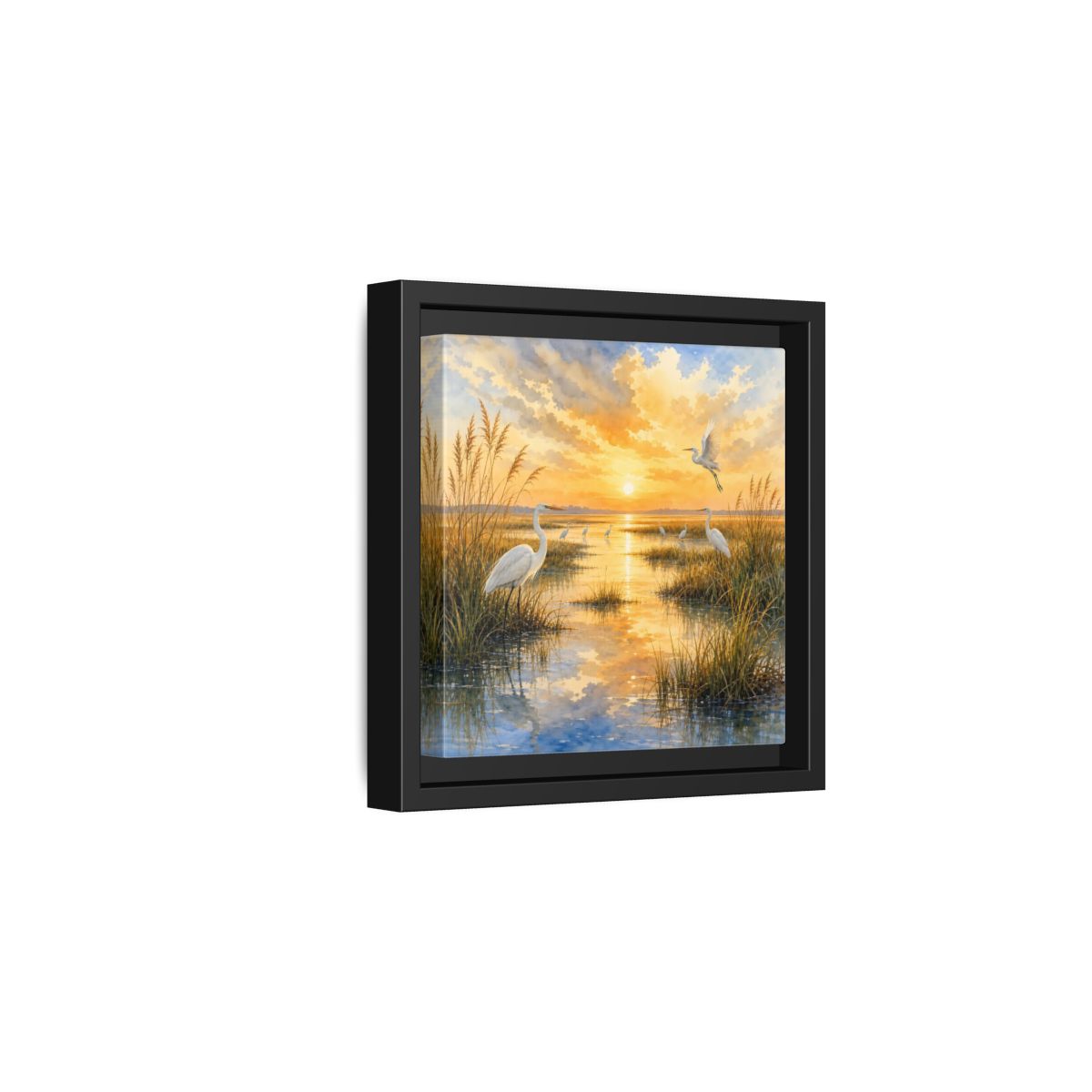 Side Mockup 3. Nature Egrets Golden Sunset Marsh shown as stretched canvas wall art