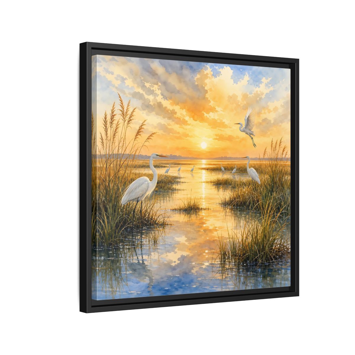 Side Mockup 12. Nature Egrets Golden Sunset Marsh shown as stretched canvas wall art