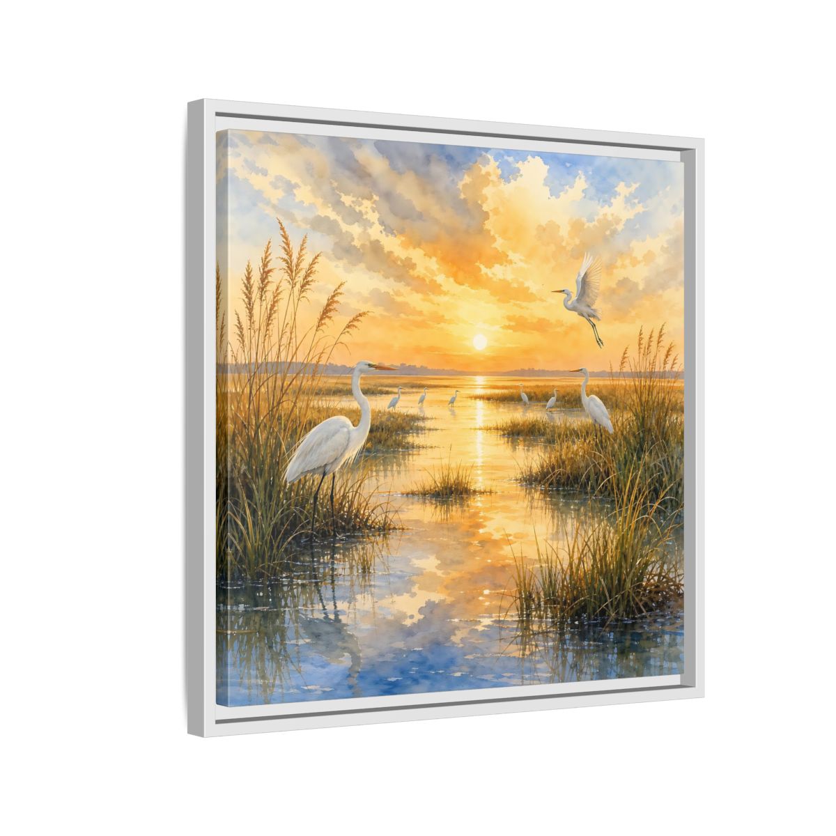Side Mockup 10. Nature Egrets Golden Sunset Marsh shown as stretched canvas wall art