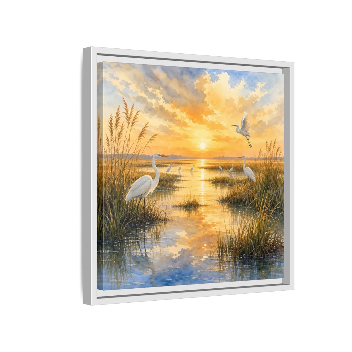 Side Mockup 13. Nature Egrets Golden Sunset Marsh shown as stretched canvas wall art