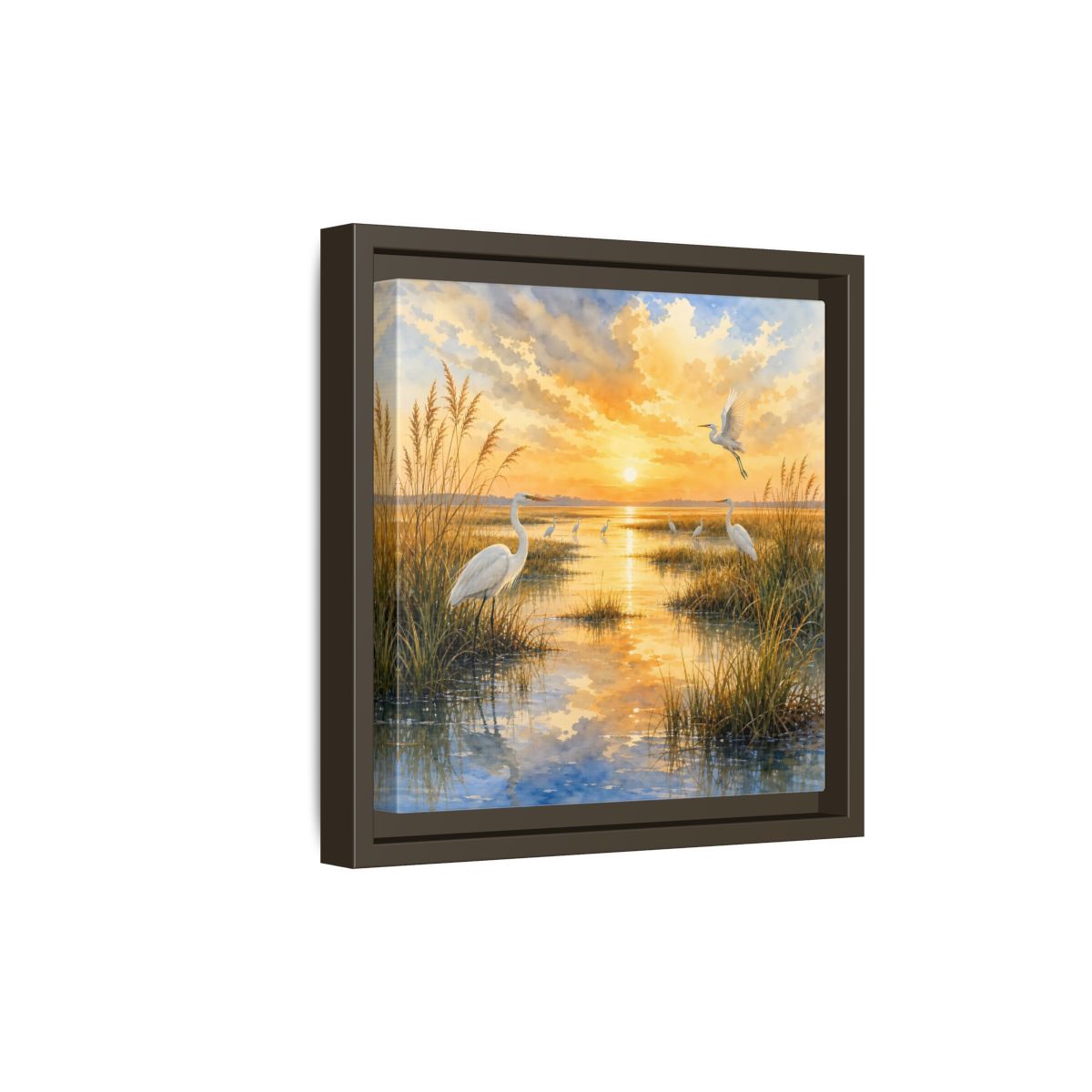 Side Mockup 20. Nature Egrets Golden Sunset Marsh shown as stretched canvas wall art