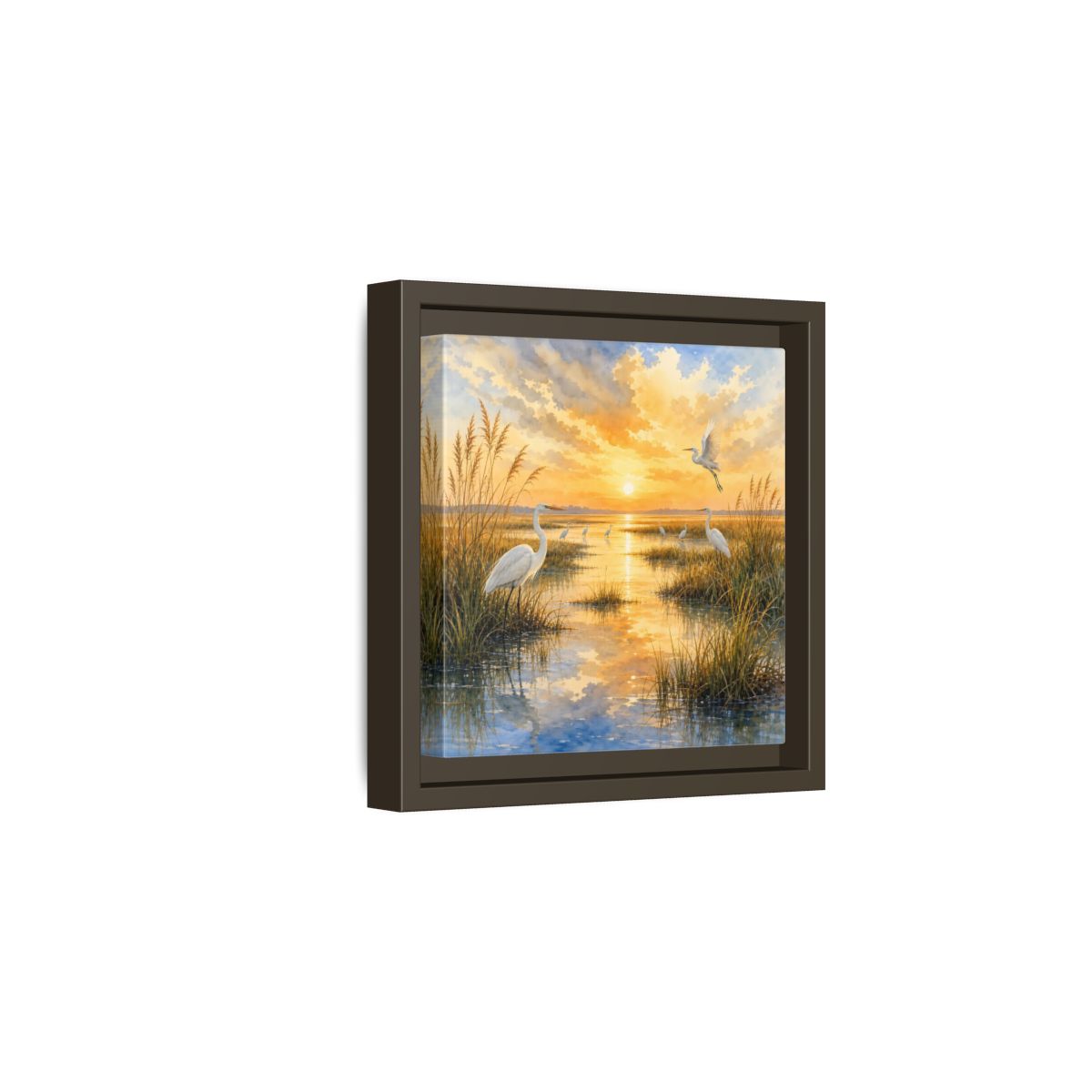 Side Mockup 2. Nature Egrets Golden Sunset Marsh shown as stretched canvas wall art