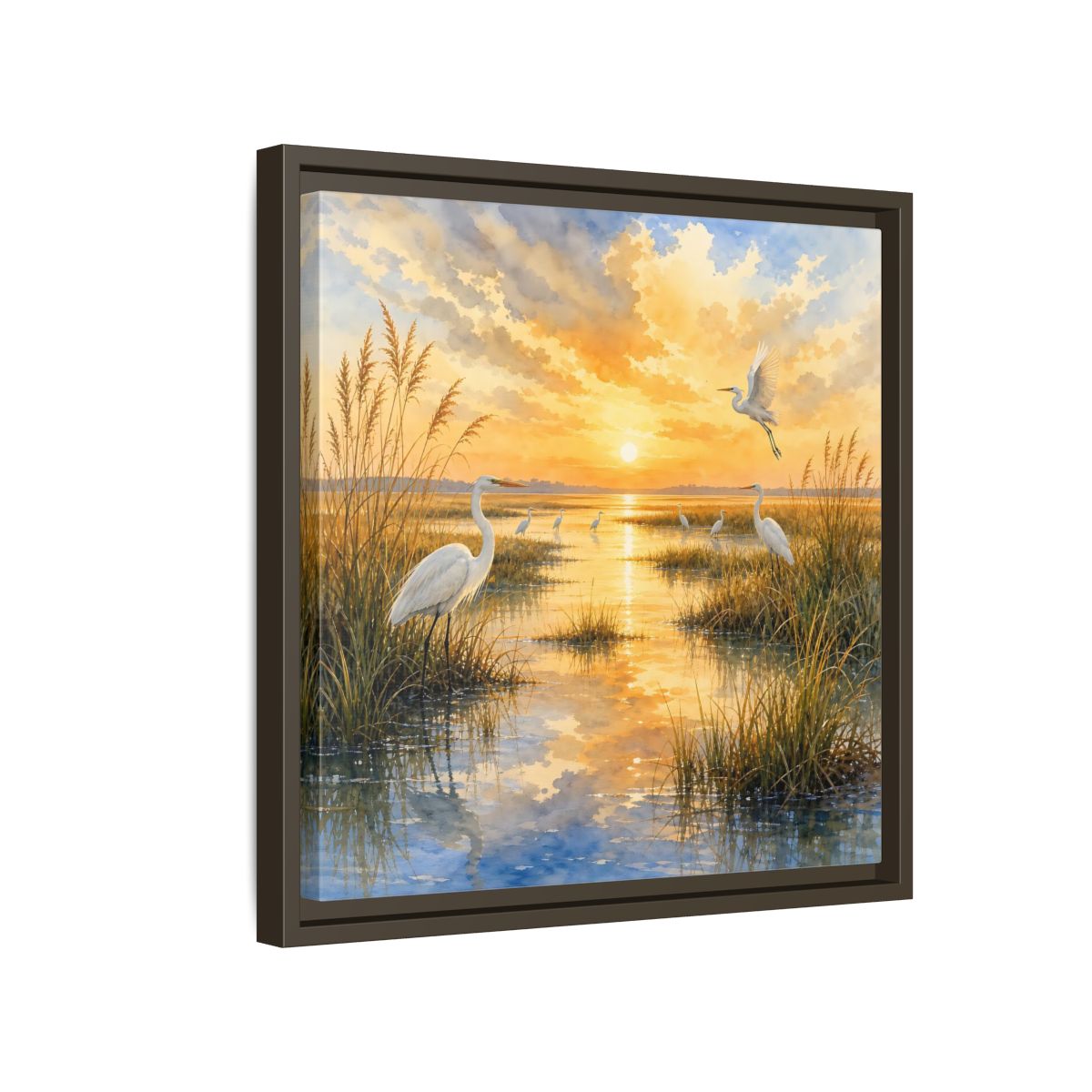 Side Mockup 14. Nature Egrets Golden Sunset Marsh shown as stretched canvas wall art