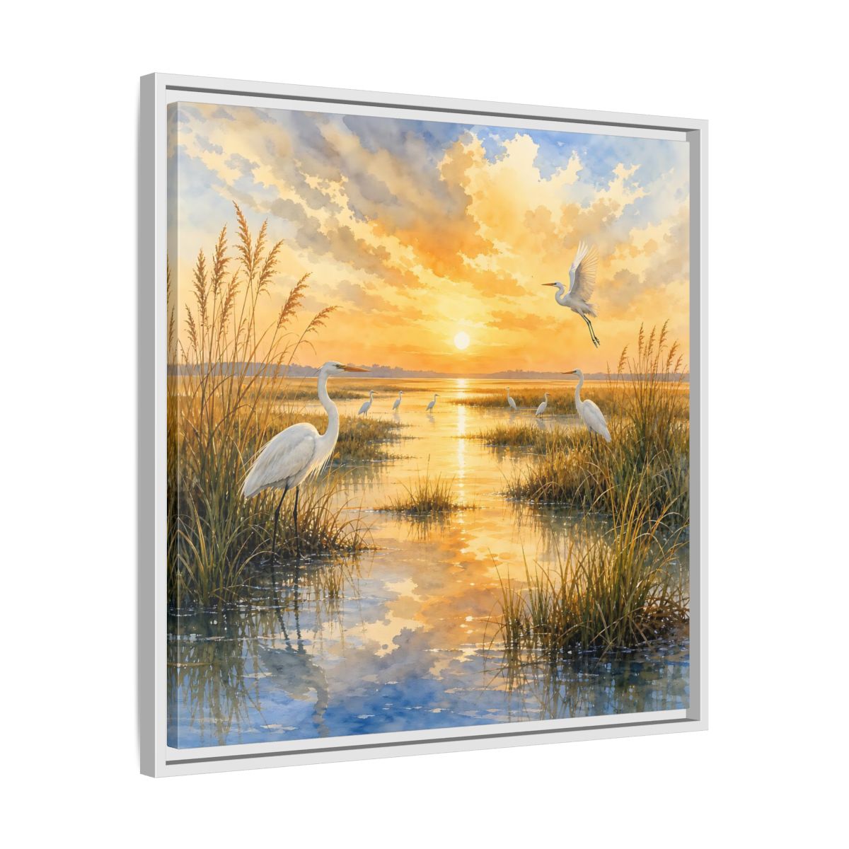 Side Mockup 26. Nature Egrets Golden Sunset Marsh shown as stretched canvas wall art