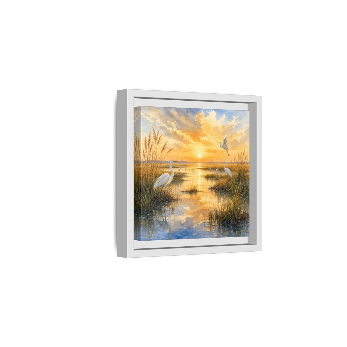 Side Mockup 1. Nature Egrets Golden Sunset Marsh shown as stretched canvas wall art