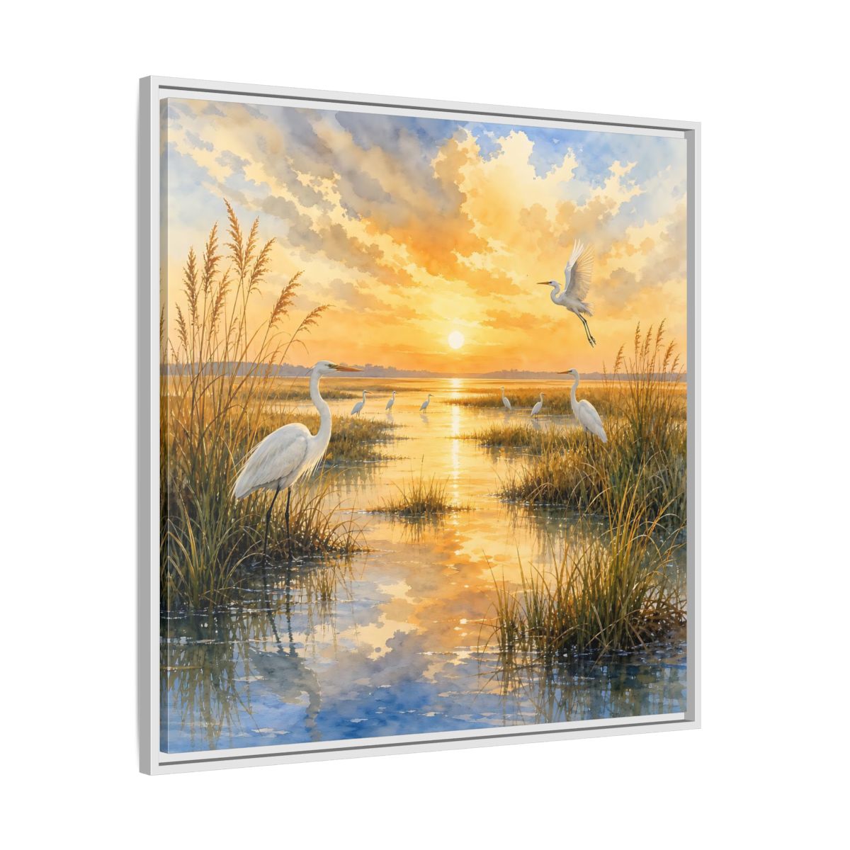 Side Mockup 25. Nature Egrets Golden Sunset Marsh shown as stretched canvas wall art