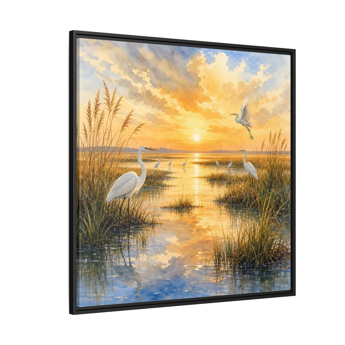 Side Mockup 6. Nature Egrets Golden Sunset Marsh shown as stretched canvas wall art
