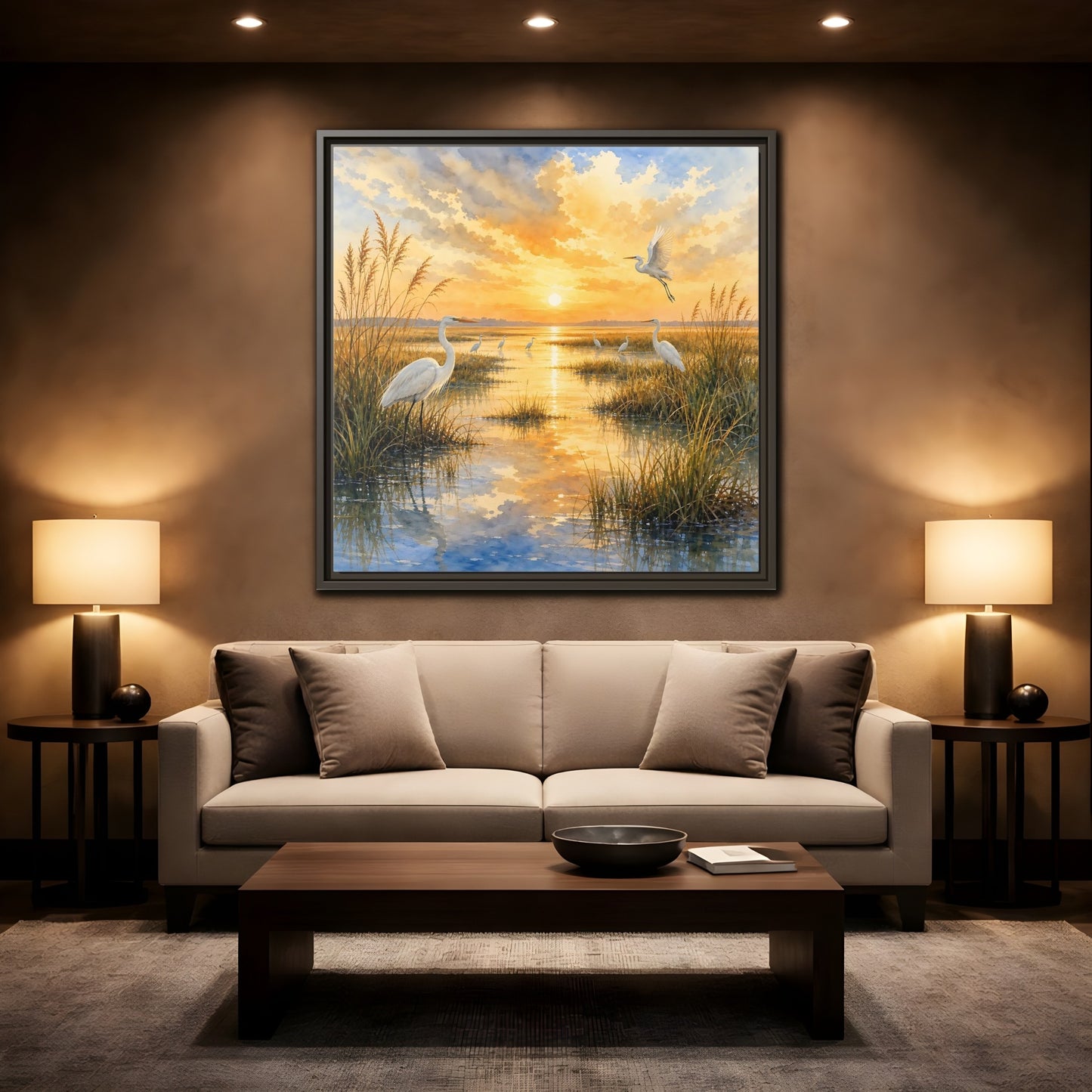 Mockup 2. Nature Egrets Golden Sunset Marsh shown as stretched canvas wall art