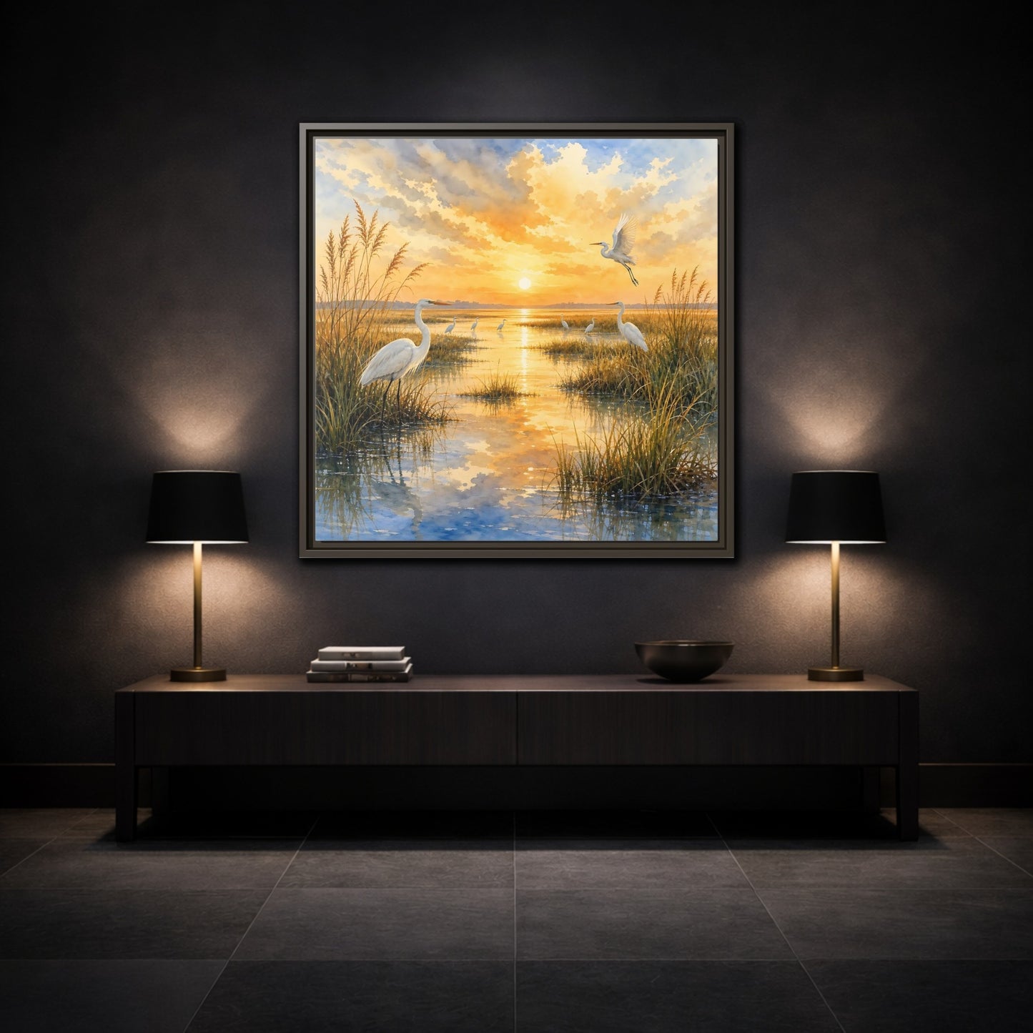 Mockup 3. Nature Egrets Golden Sunset Marsh shown as stretched canvas wall art