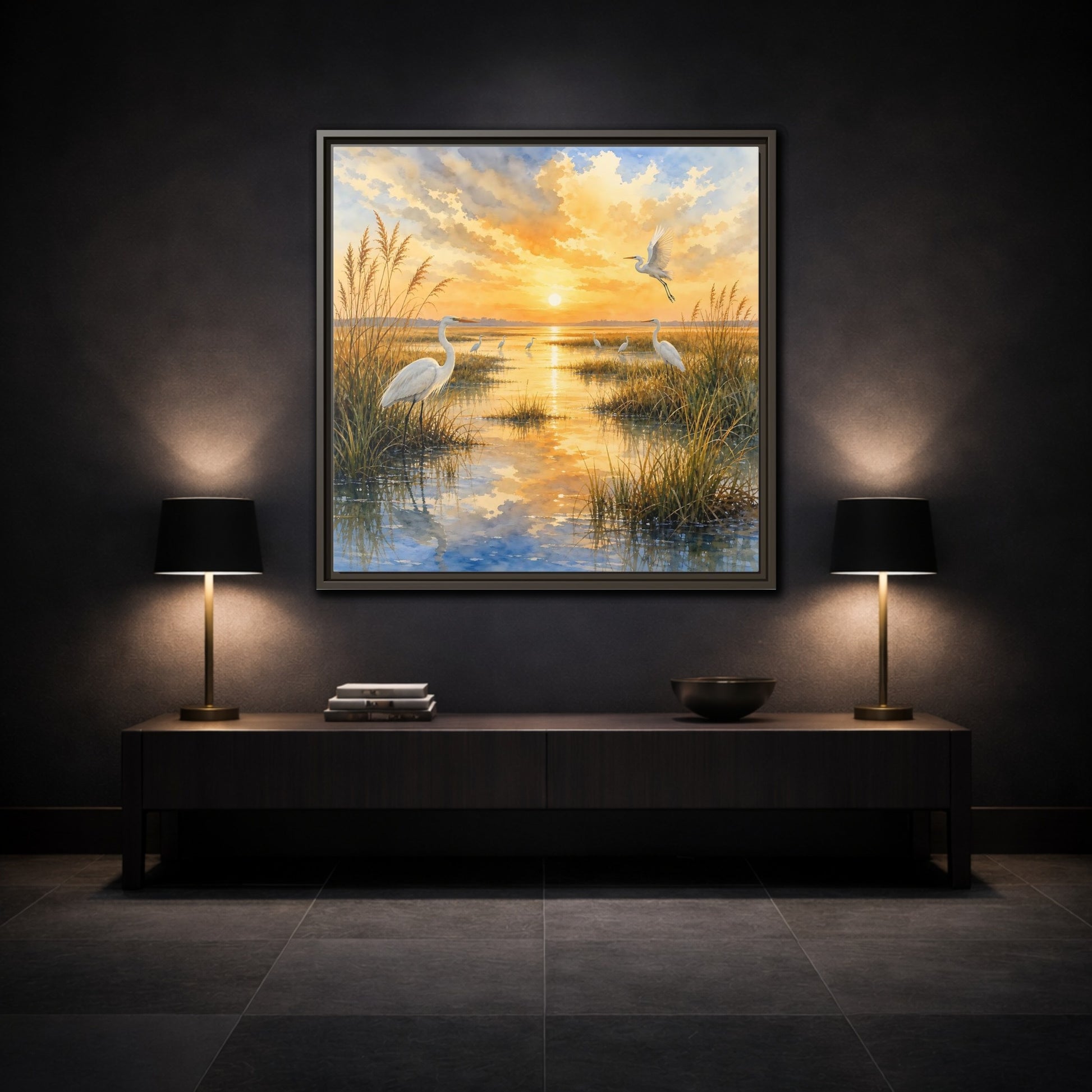 Mockup 3. Nature Egrets Golden Sunset Marsh shown as stretched canvas wall art