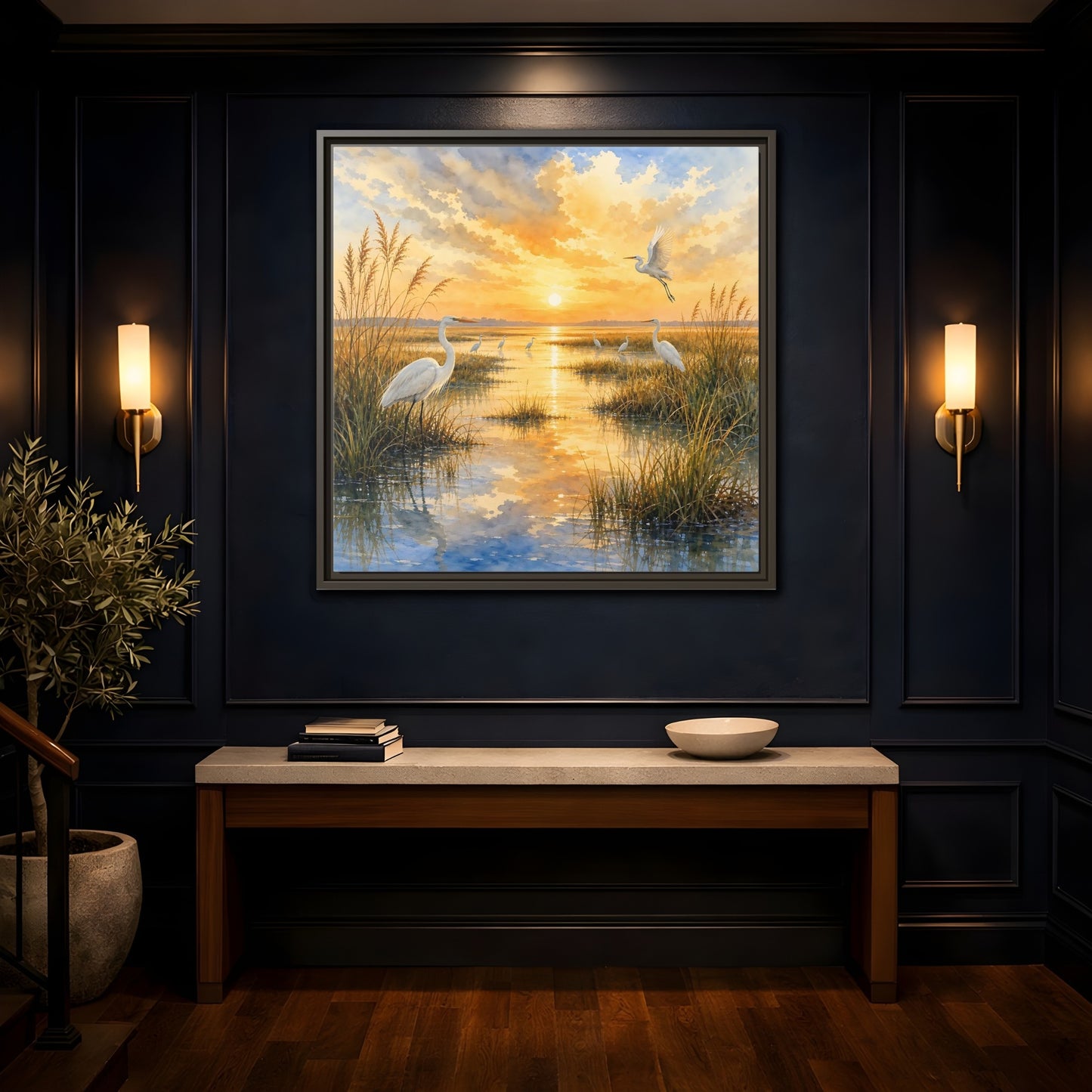 Mockup 4. Nature Egrets Golden Sunset Marsh shown as stretched canvas wall art